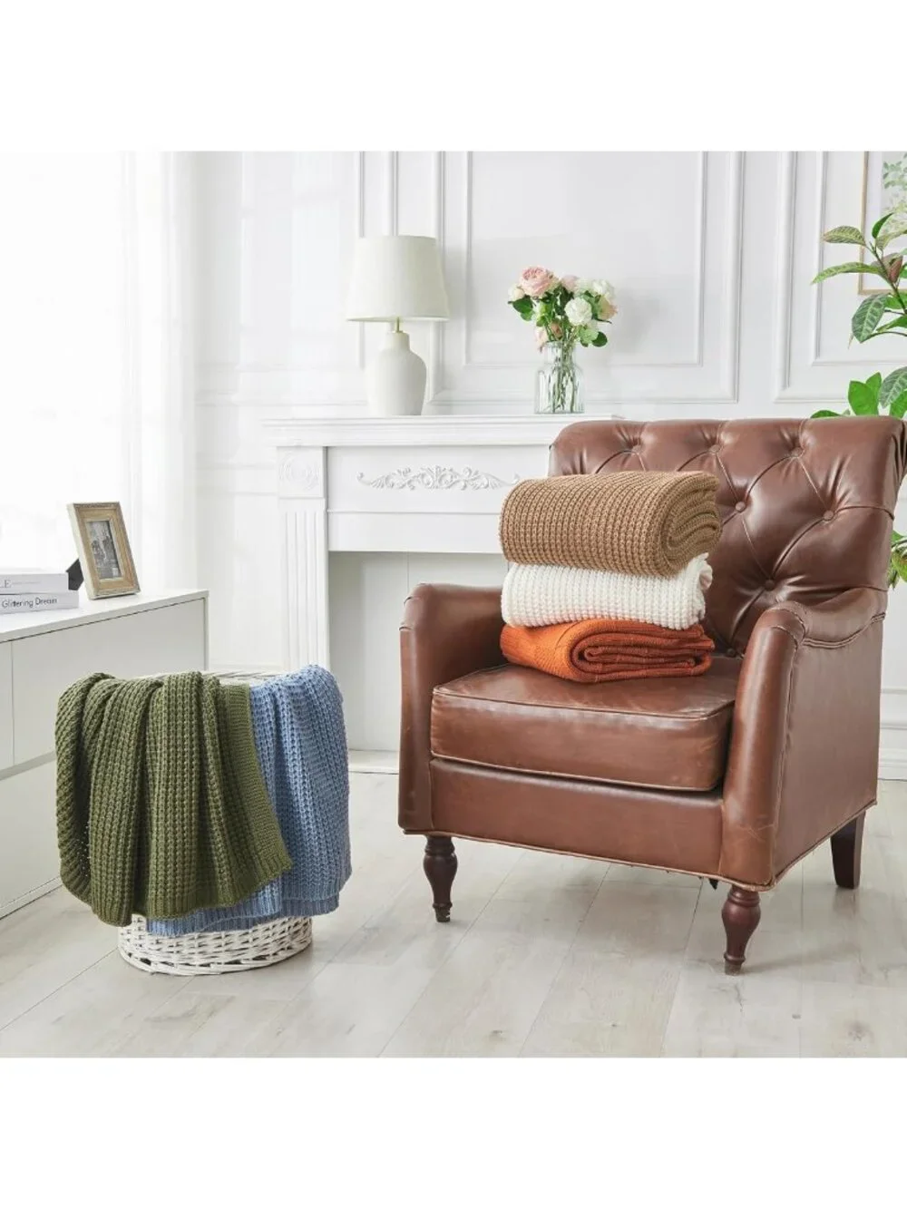 Cozy Light Brown Chunky Cable Knit Throw Blanket, 50